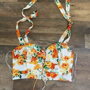 Wayf Orange and Yellow Floral Lace-Up Tank Top